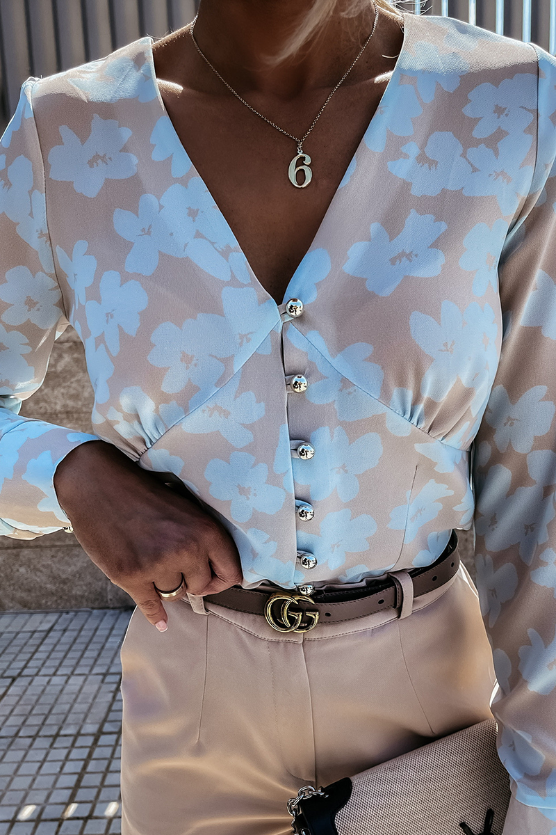 Blusas elegantes con cuello en V, hebilla y estampado de patchwork (3 colores)