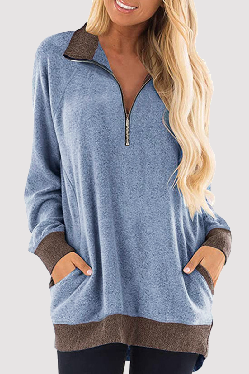 Blusa informal de cuello vuelto con cremallera y bolsillo de patchwork (4 colores)