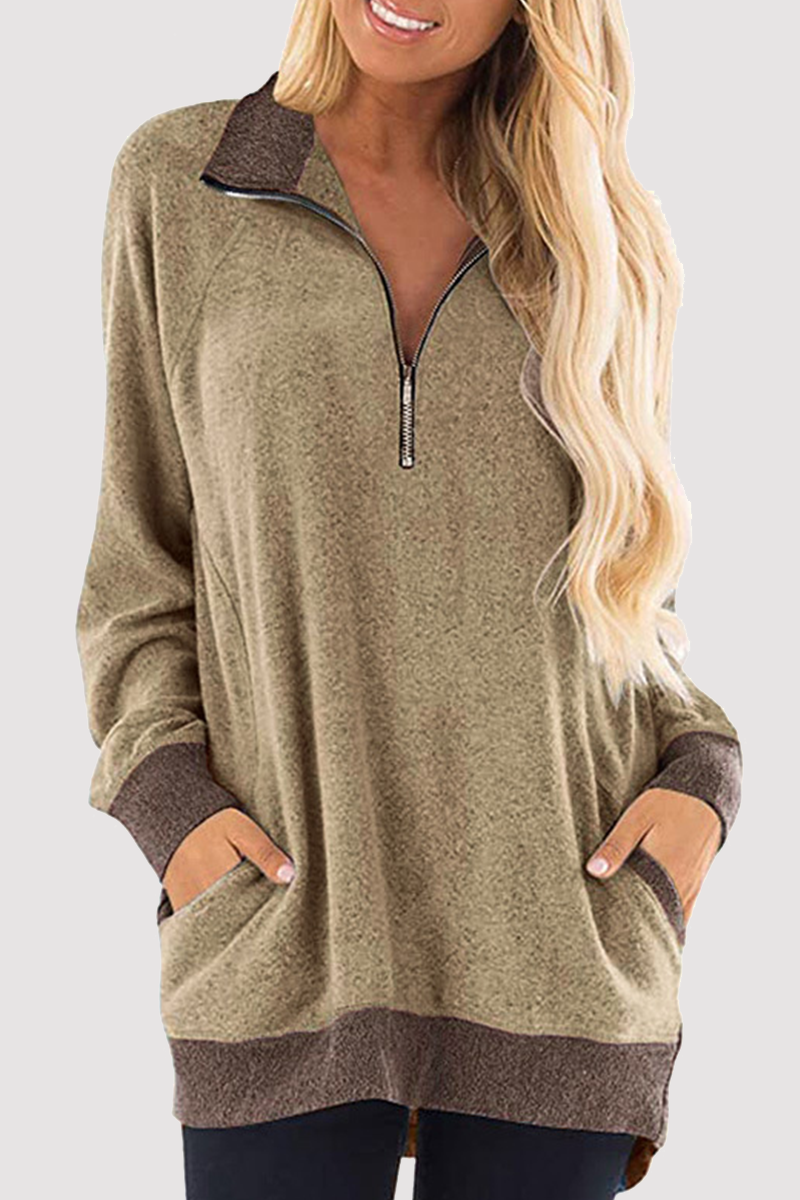 Blusa informal de cuello vuelto con cremallera y bolsillo de patchwork (4 colores)