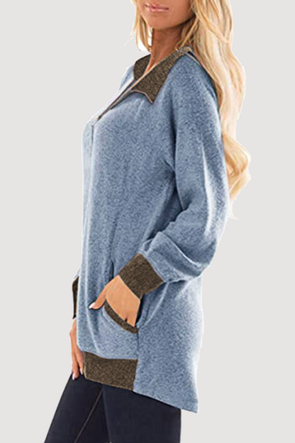 Blusa informal de cuello vuelto con cremallera y bolsillo de patchwork (4 colores)