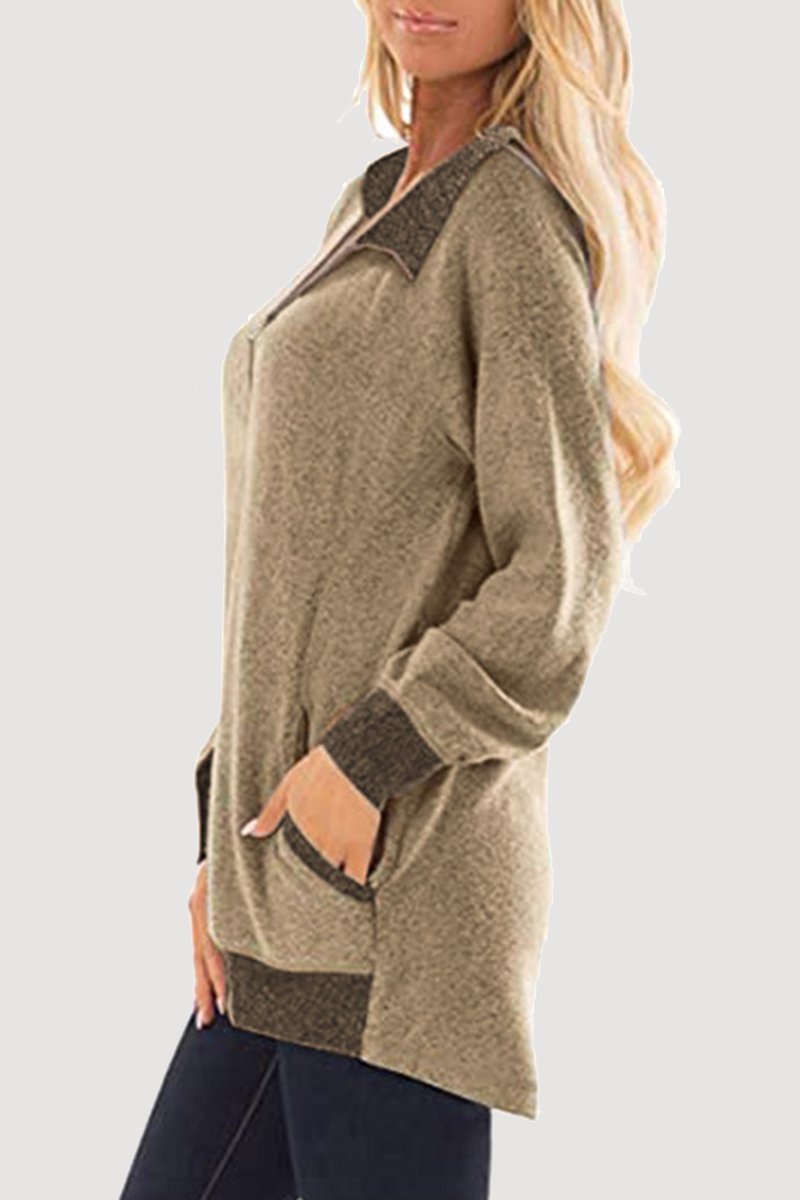 Blusa informal de cuello vuelto con cremallera y bolsillo de patchwork (4 colores)