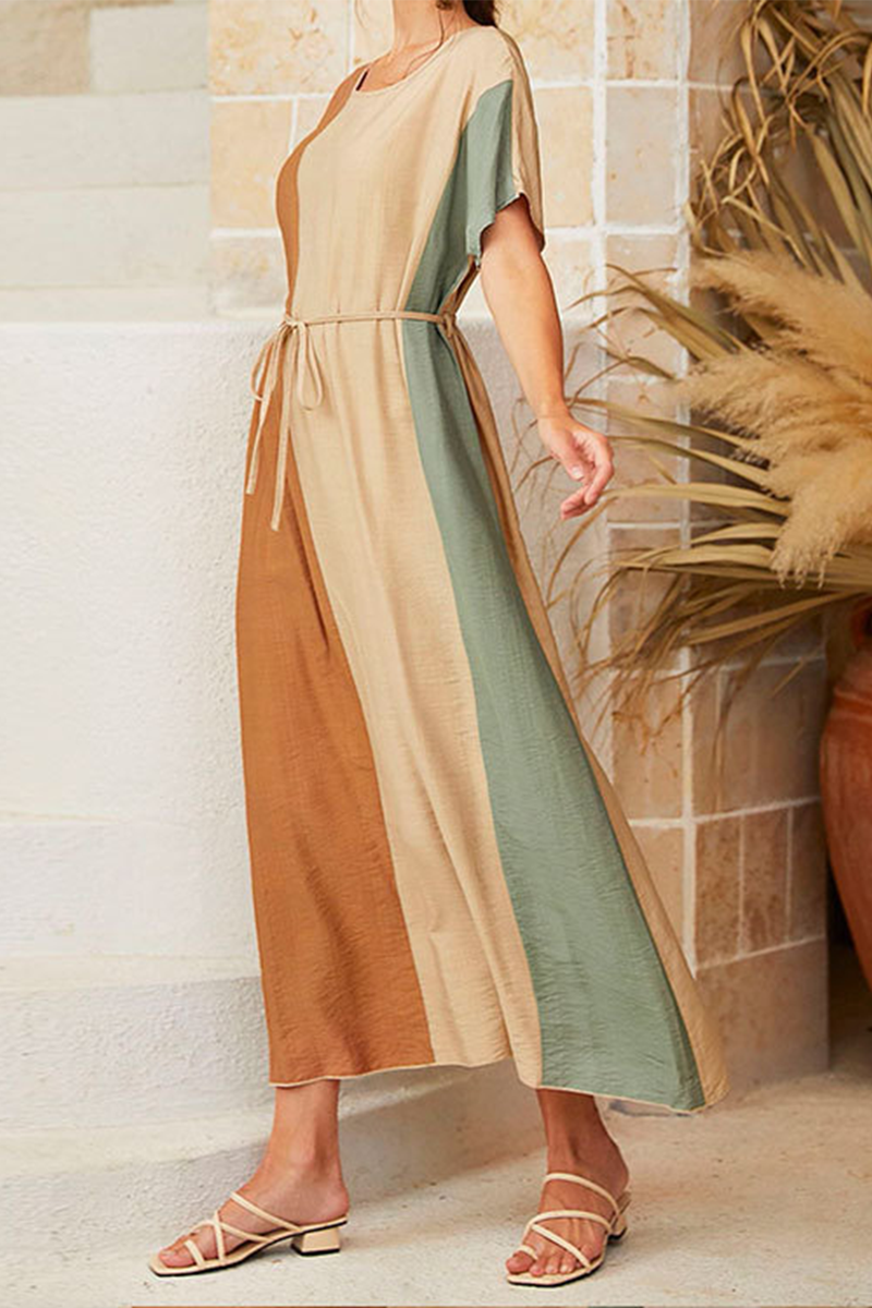 Vestidos casuales de cuello redondo con cinturón y contraste de colores