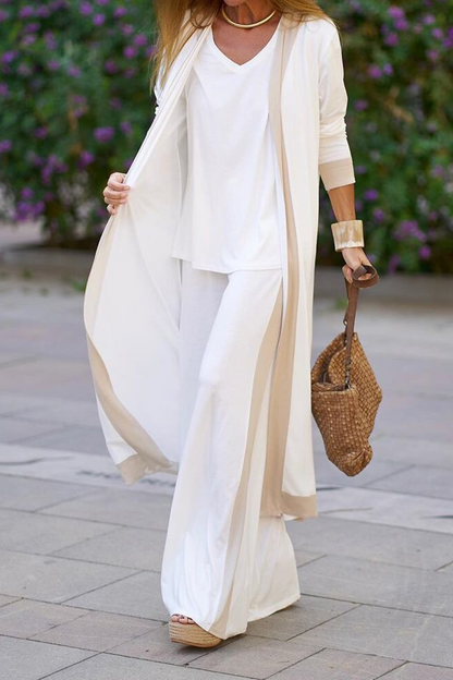 Conjunto informal elegante de tres piezas con escote en V y manga larga en contraste (5 colores)