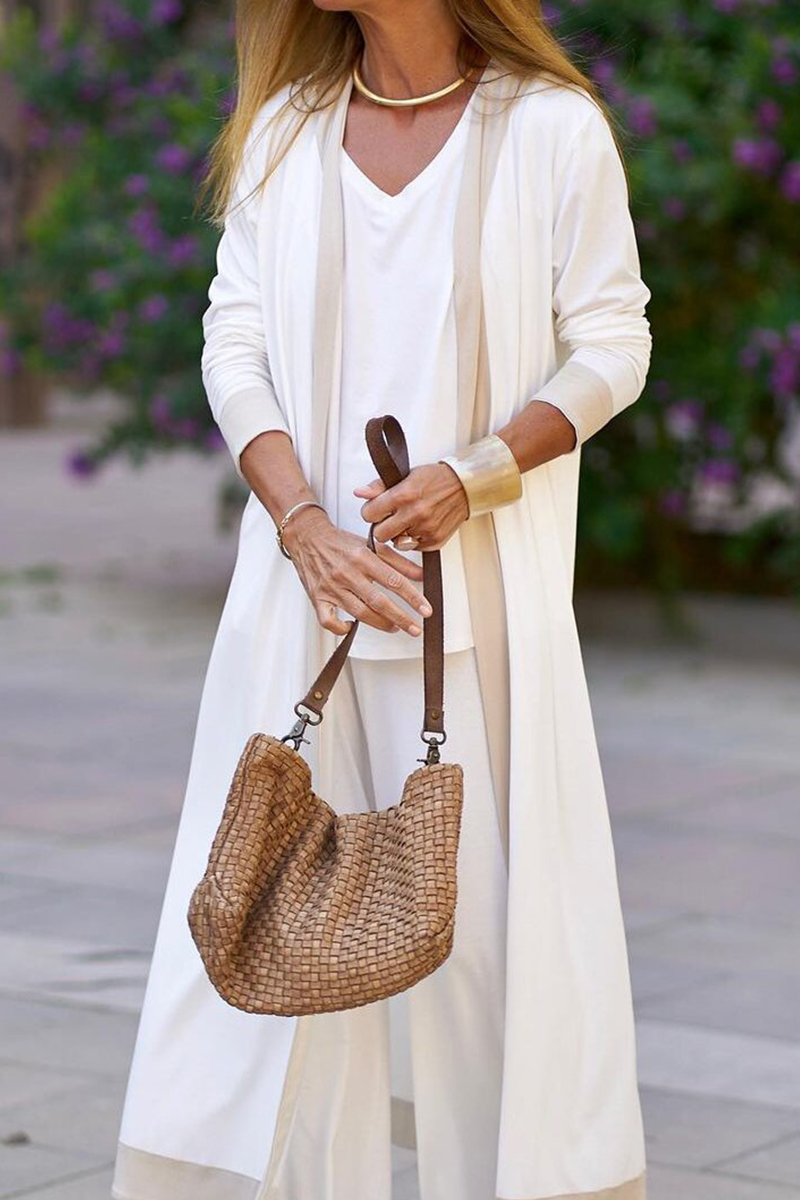 Conjunto informal elegante de tres piezas con cuello en V y manga larga en contraste (4 colores)