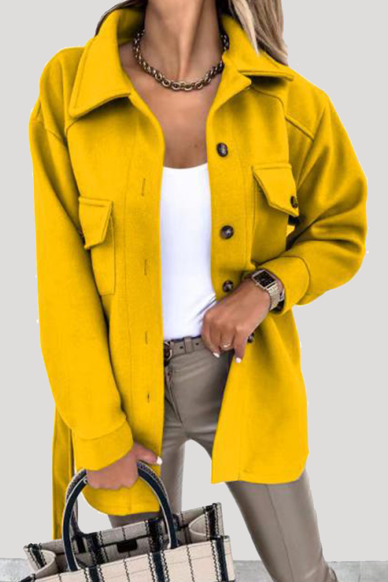 Prenda exterior informal de calle con hebilla sólida y cinturón con cuello vuelto