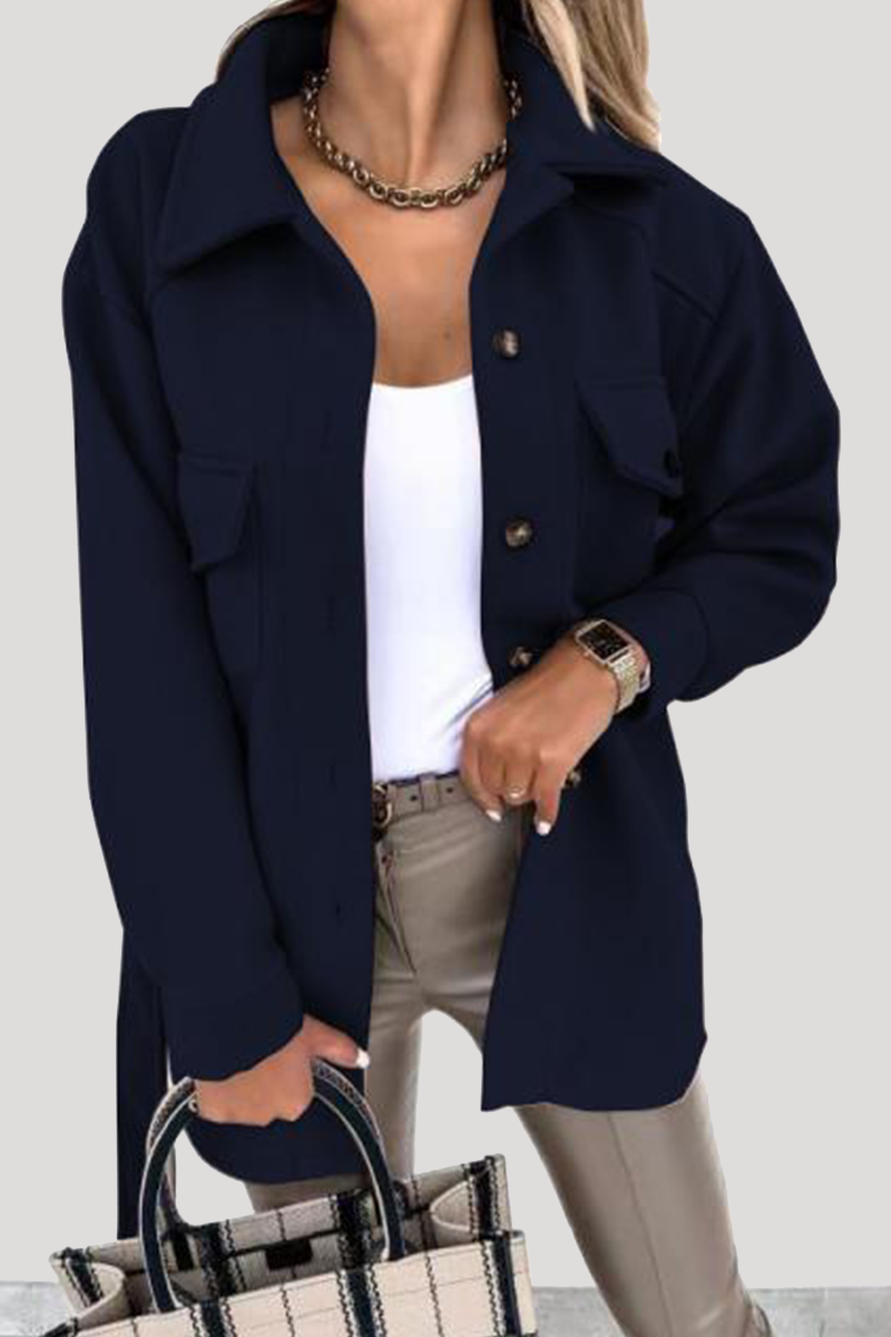 Prenda exterior informal de calle con hebilla sólida y cinturón con cuello vuelto