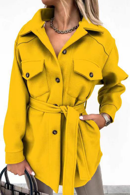 Prenda exterior informal de calle con hebilla sólida y cinturón con cuello vuelto