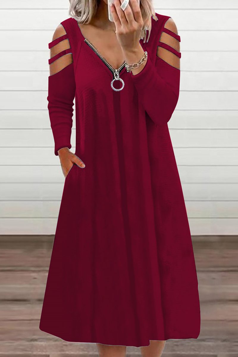 Vestidos casuales de corte A con escote en V, cremallera y abertura en un solo color