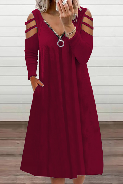 Vestidos casuales de corte A con escote en V, cremallera y abertura en un solo color