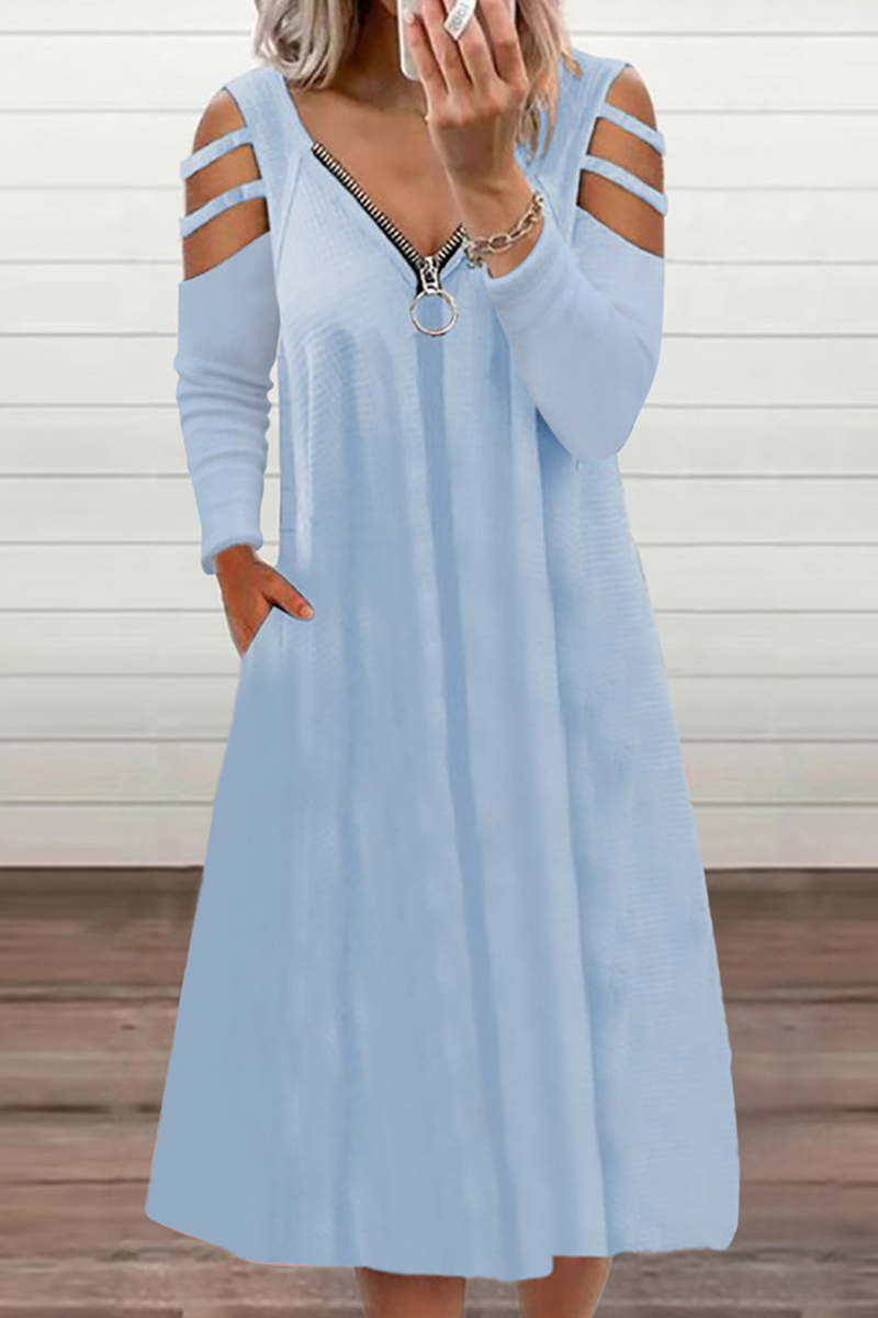 Vestidos casuales de corte A con escote en V, cremallera y abertura en un solo color