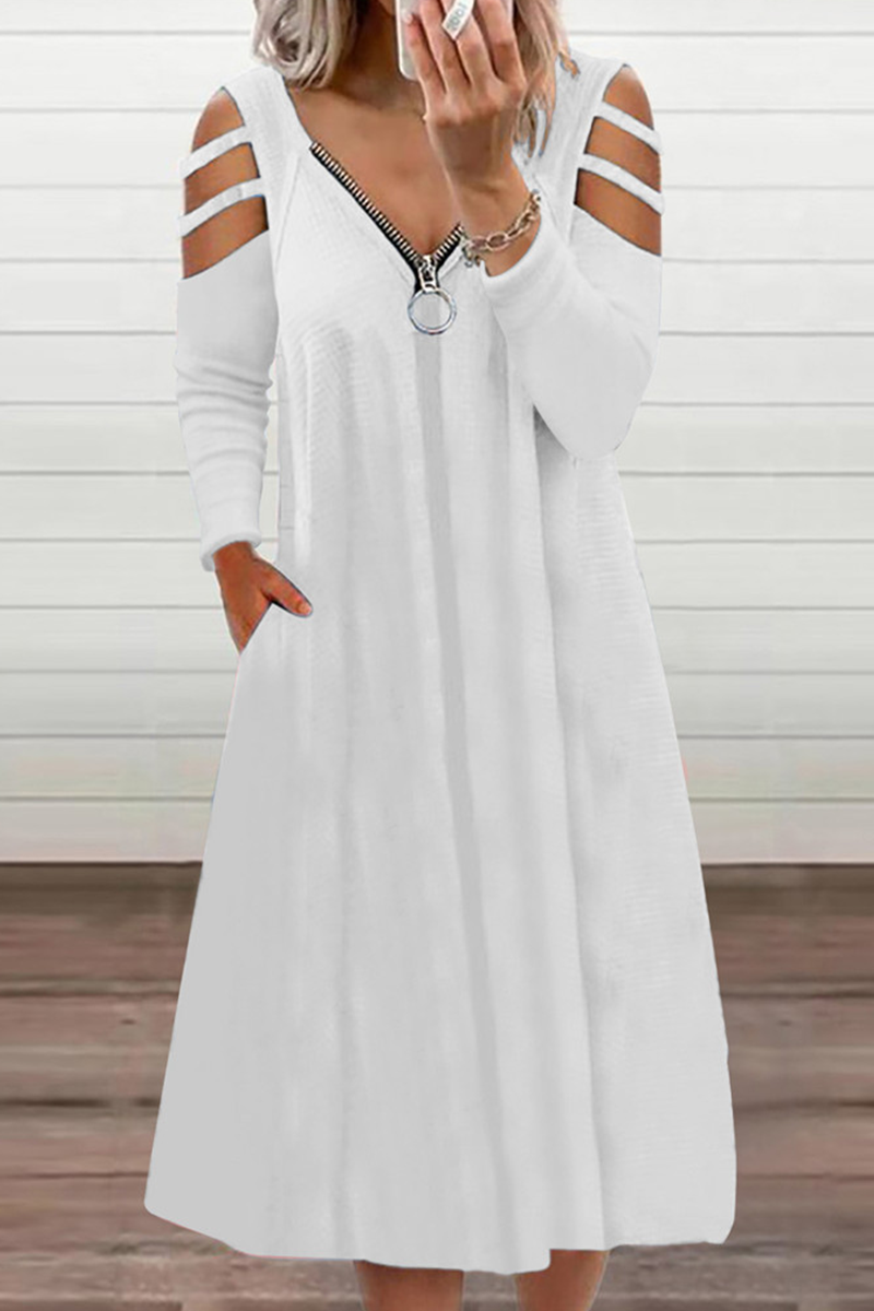 Vestidos casuales de corte A con escote en V, cremallera y abertura en un solo color
