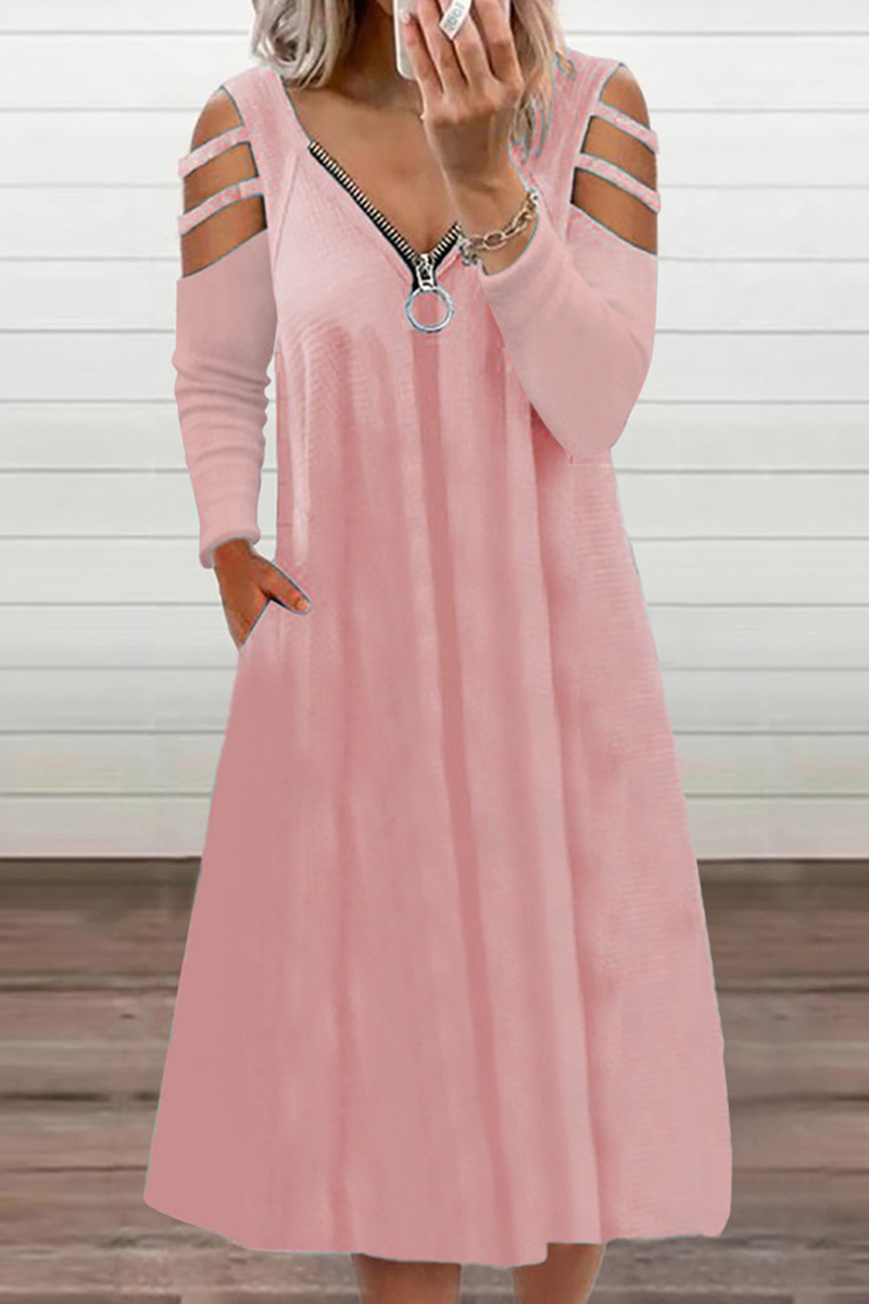 Vestidos casuales de corte A con escote en V, cremallera y abertura en un solo color