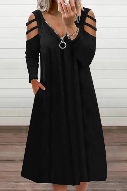 Vestidos casuales de corte A con escote en V, cremallera y abertura en un solo color