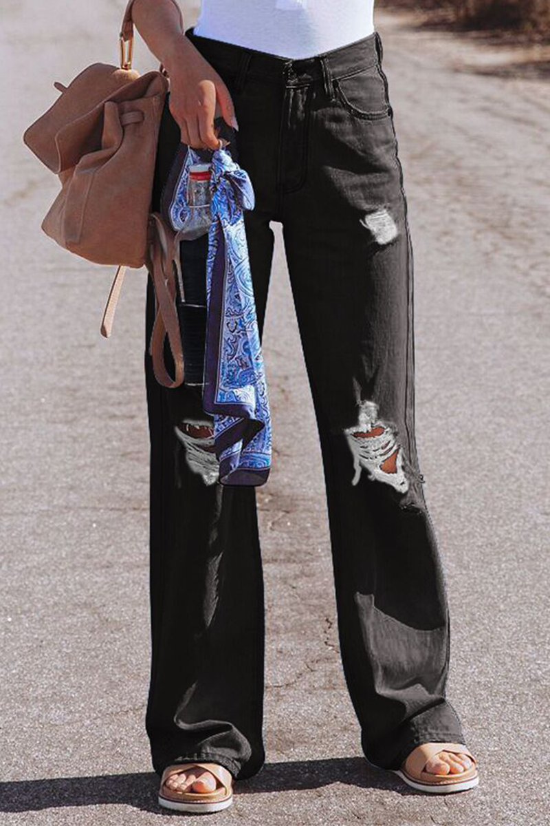 Pantalones de calle lisos, rotos, de cintura media, rectos, con pierna ancha y de color liso (3 colores)