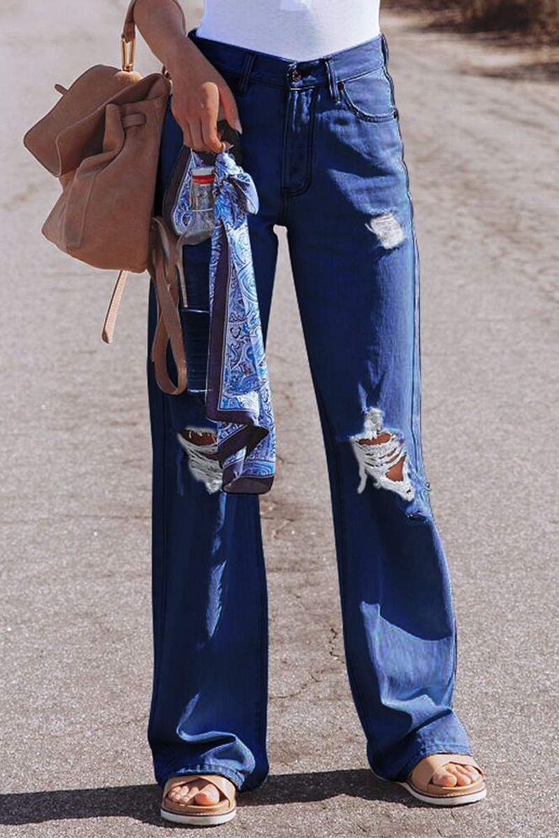 Pantalones de calle lisos, rotos, de cintura media, anchos y rectos (3 colores)