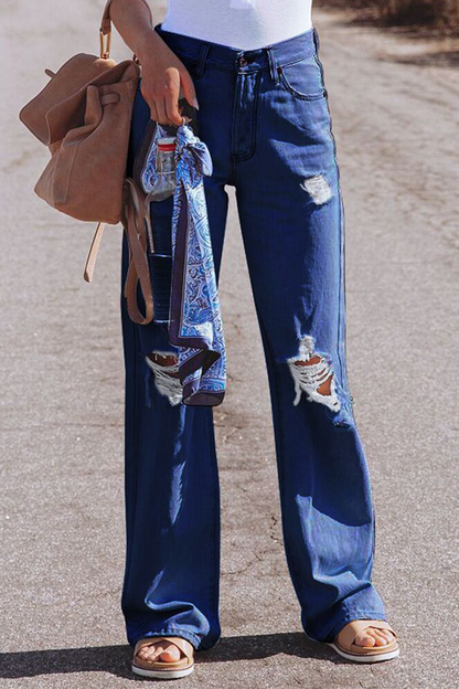 Pantalones de calle lisos, rotos, de cintura media, rectos, con pierna ancha y de color liso (3 colores)