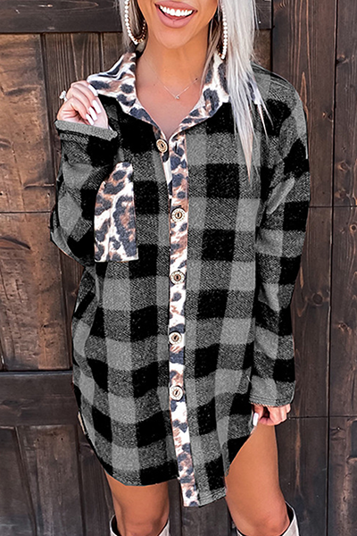 Tops casuales con cuello vuelto, hebilla de leopardo y cuadros