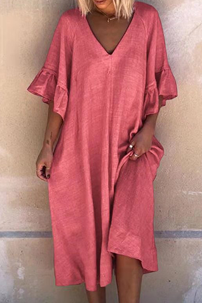 Vestidos casuales de cuello en V con volantes y patchwork liso (4 colores)