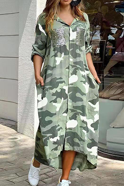 Vestido camisero informal con estampado de camuflaje, lentejuelas, hebilla y cuello vuelto