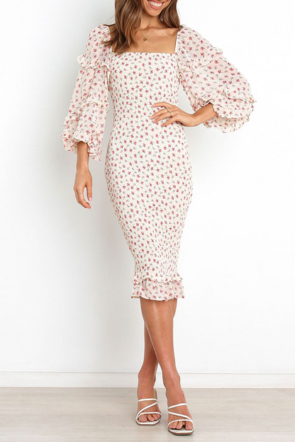 Elegante vestido de falda tubo con cuello cuadrado y volantes florales