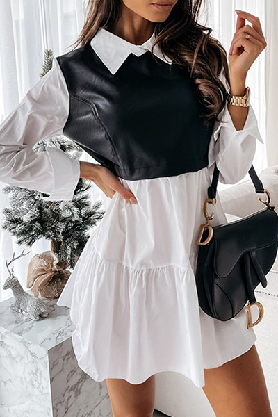 Elegante vestido de línea A con cuello vuelto, volantes y patchwork en contraste (3 colores)