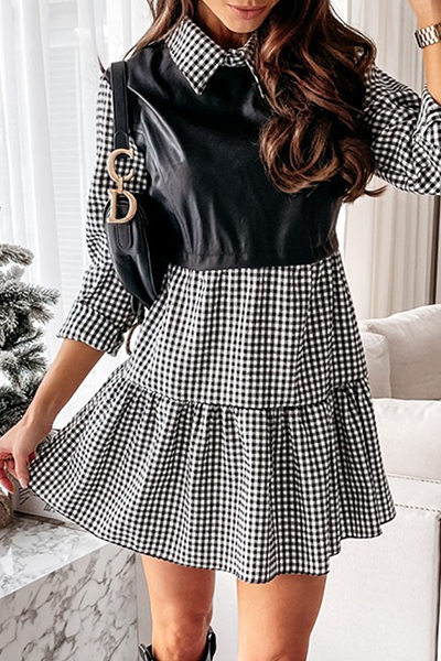 Elegante vestido de línea A con cuello vuelto, volantes y patchwork en contraste (3 colores)