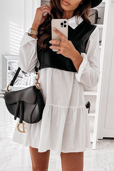 Elegante vestido de línea A con cuello vuelto, volantes y patchwork en contraste (3 colores)