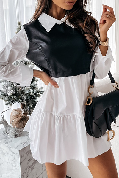 Elegante vestido de línea A con cuello vuelto, volantes y patchwork en contraste (3 colores)