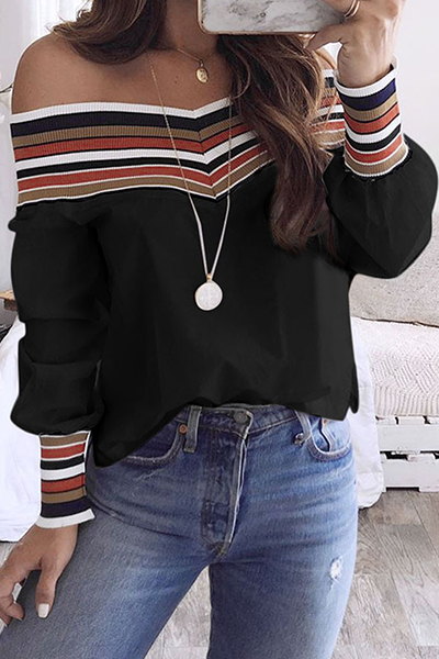 Tops casuales de patchwork a rayas con hombros descubiertos
