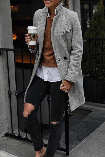 Prenda de abrigo informal de rayas con cuello vuelto y hebilla de patchwork (3 colores)