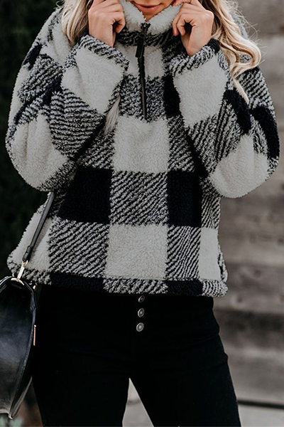 Tops de cuello alto con cremallera y abertura en la costura a cuadros de moda urbana