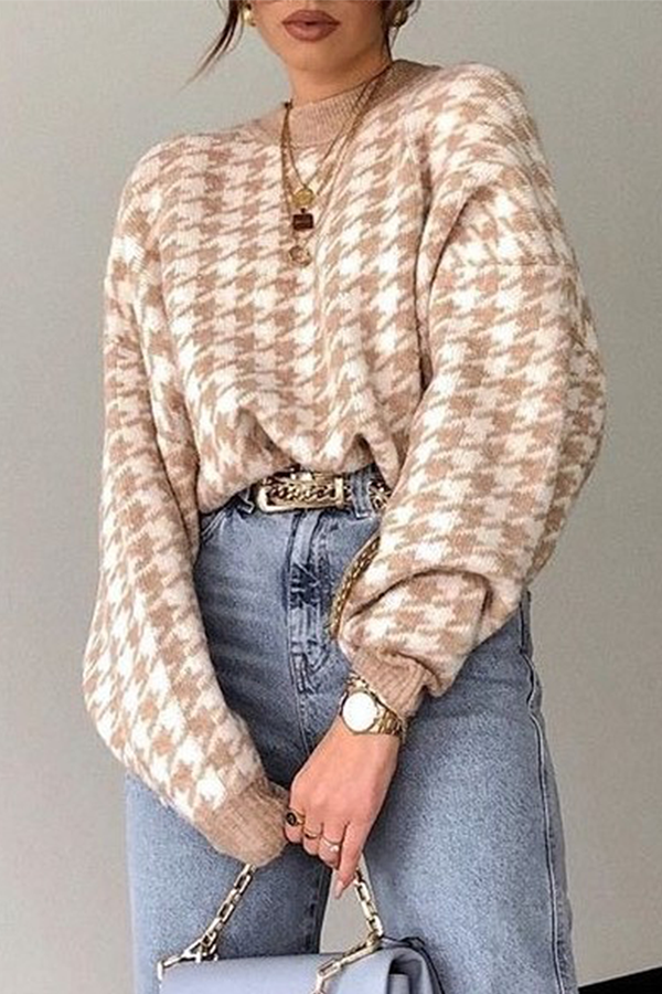 Suéter de cuello redondo con contraste de patchwork geométrico de moda urbana (3 colores)