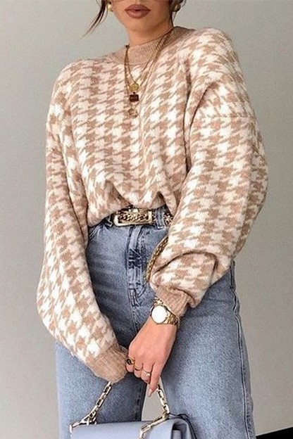 Suéter de cuello redondo con contraste de patchwork geométrico de moda urbana (3 colores)