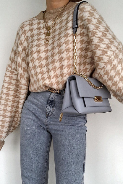 Suéter de cuello redondo con contraste de patchwork geométrico de moda urbana (3 colores)