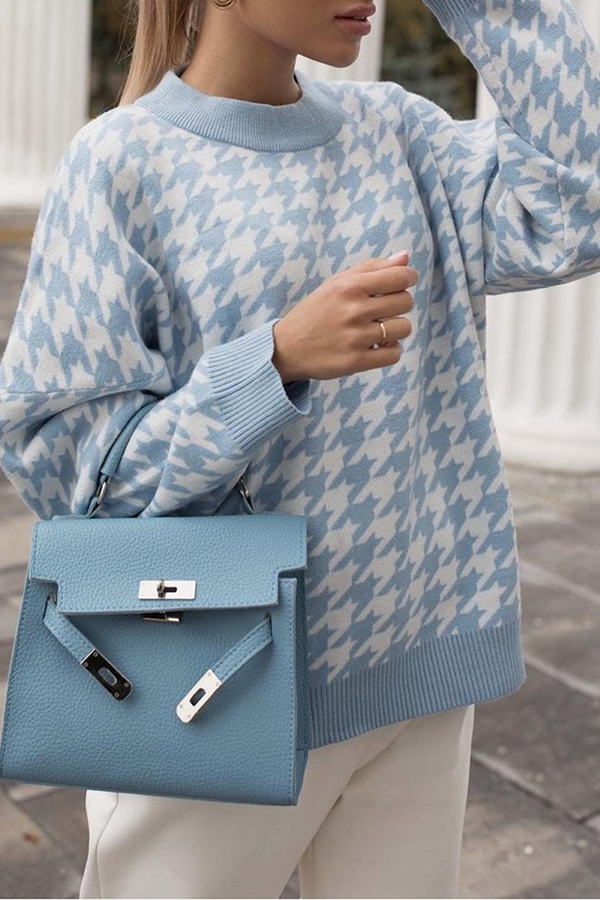 Suéter de cuello redondo con contraste de patchwork geométrico de moda urbana (3 colores)