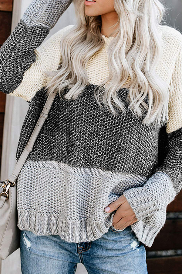 Suéter casual básico de patchwork con cuello redondo y contraste