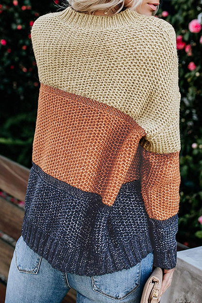 Suéter casual básico de patchwork con cuello redondo y contraste