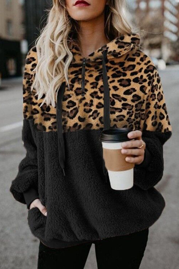 Sudadera informal con capucha y cuello con cremallera y bolsillo con cordón de leopardo (5 colores)
