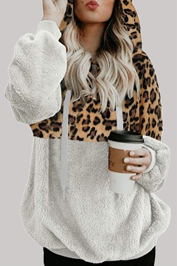 Sudadera informal con capucha y cuello con cremallera y bolsillo con cordón de leopardo (5 colores)