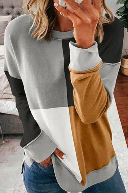 Tops casuales de cuello redondo con contraste de patchwork de colores (5 colores)