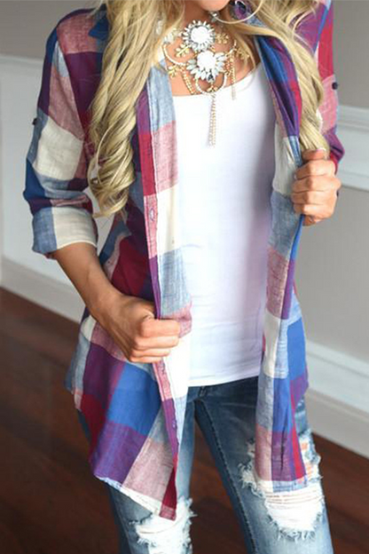 Tops casuales con cuello vuelto, hebilla y bolsillo a cuadros