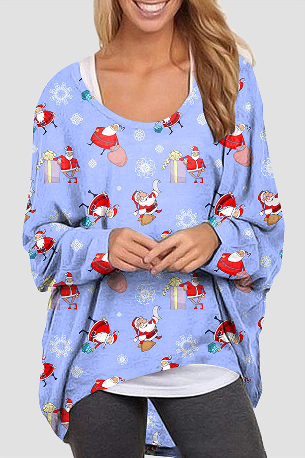 Blusa básica informal con cuello redondo y estampado de Papá Noel y muñeco de nieve (5 colores)
