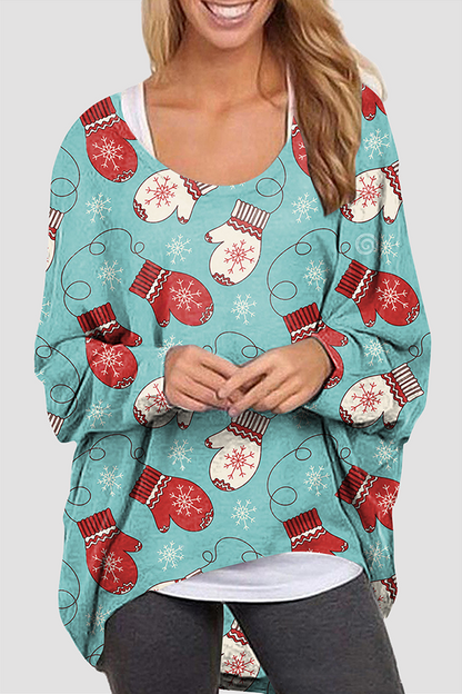 Blusa básica informal con cuello redondo y estampado de Papá Noel y muñeco de nieve (5 colores)