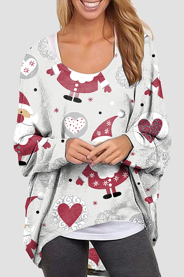 Blusa básica informal con cuello redondo y estampado de Papá Noel y muñeco de nieve (5 colores)