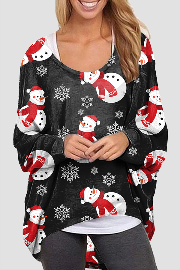 Blusa básica informal con cuello redondo y estampado de Papá Noel y muñeco de nieve (5 colores)