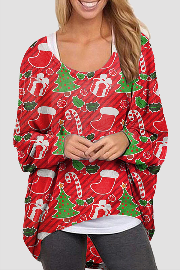 Blusa básica informal con cuello redondo y estampado de Papá Noel y muñeco de nieve (5 colores)