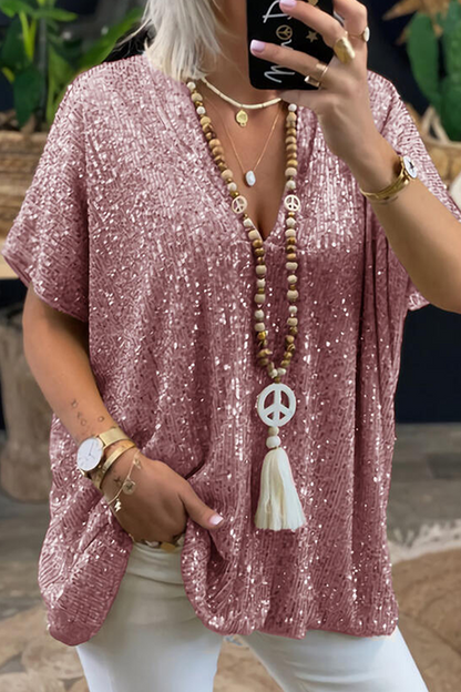 Camisetas casuales de moda con lentejuelas lisas y cuello en V (3 colores)