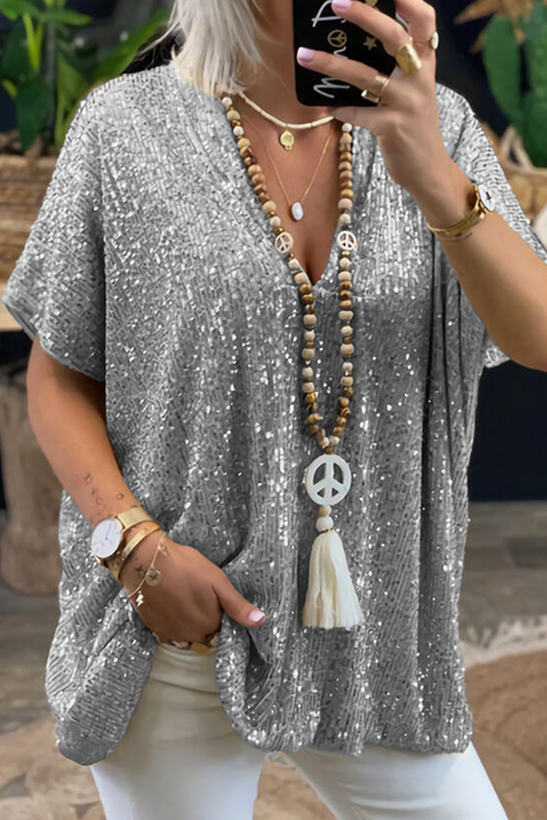 Camisetas casuales de moda con cuello en V y lentejuelas sólidas