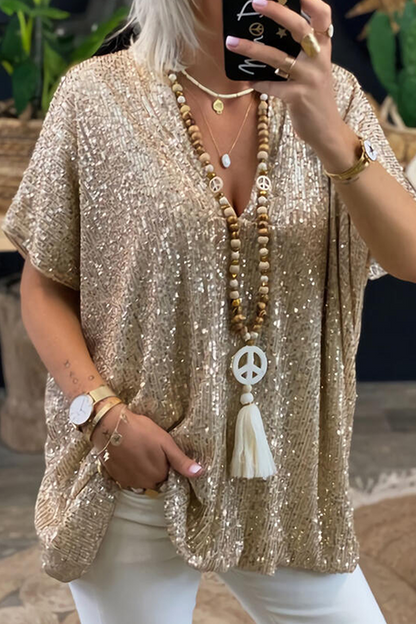 Camisetas casuales de moda con cuello en V y lentejuelas sólidas