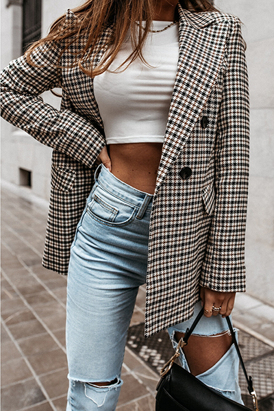 Prendas de abrigo elegantes de moda con cuello vuelto y hebilla de patchwork geométrico